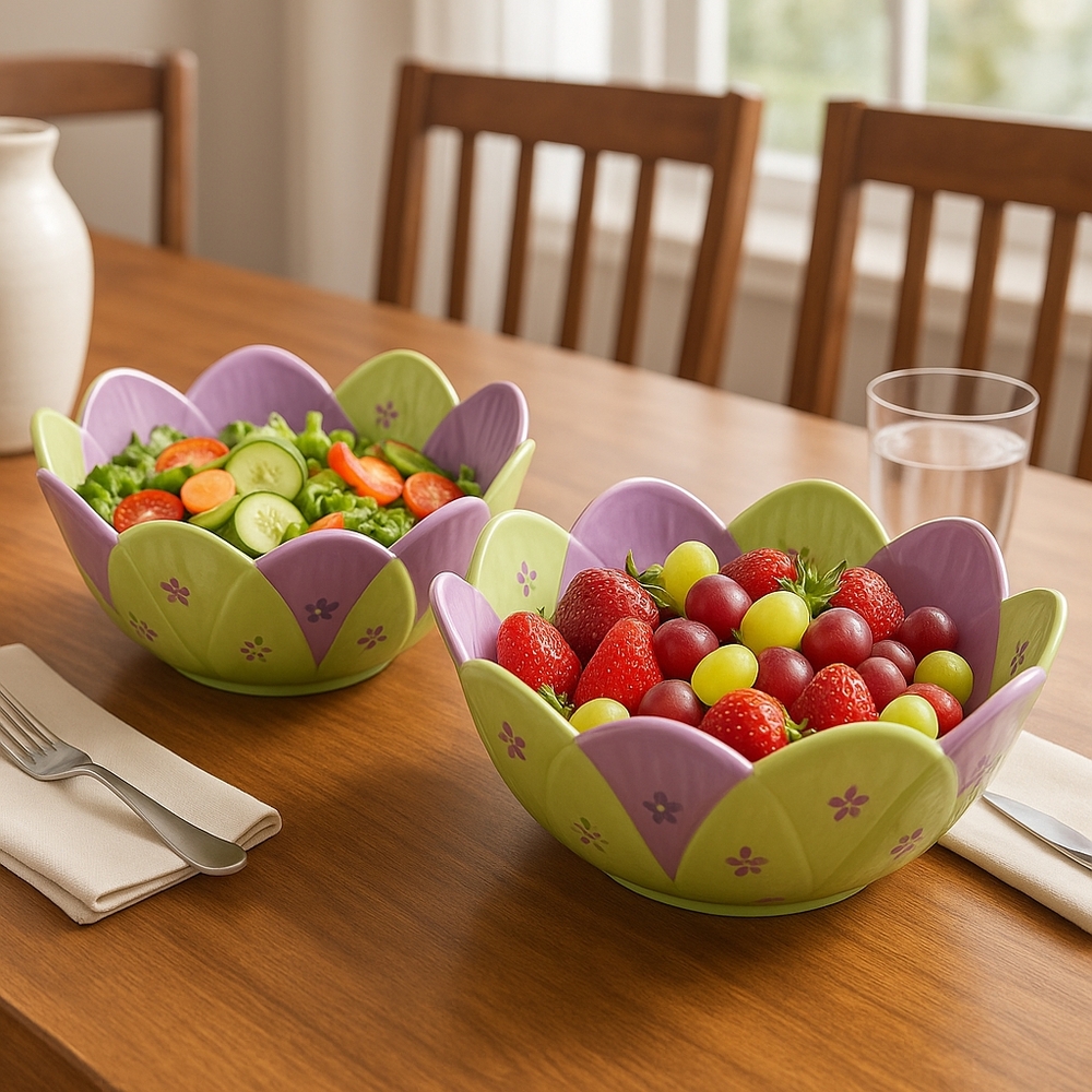 Floral Green and Purple Ceramic Salad Bowl Set Hand-Painted Ceramic Flower Petal